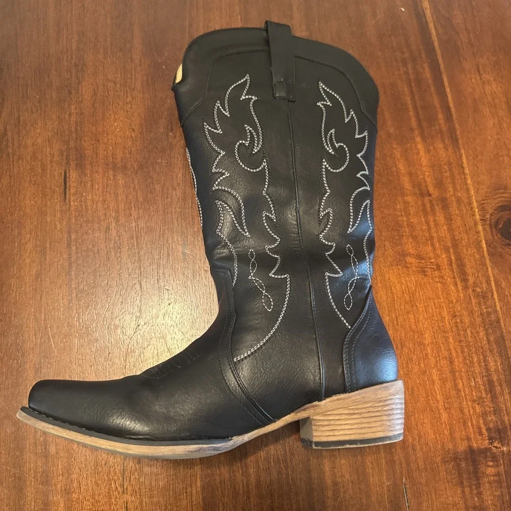 IUV CB048-BK Black‎ Western Cowboy Boots Men US 11 Embroidered Square Toe - Picture 2 of 11